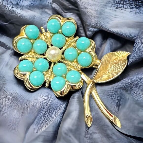 Vintage Sarah Coventry Turquoise Gold Pearl Floral Brooch and Earrings set - Picture 2 of 9